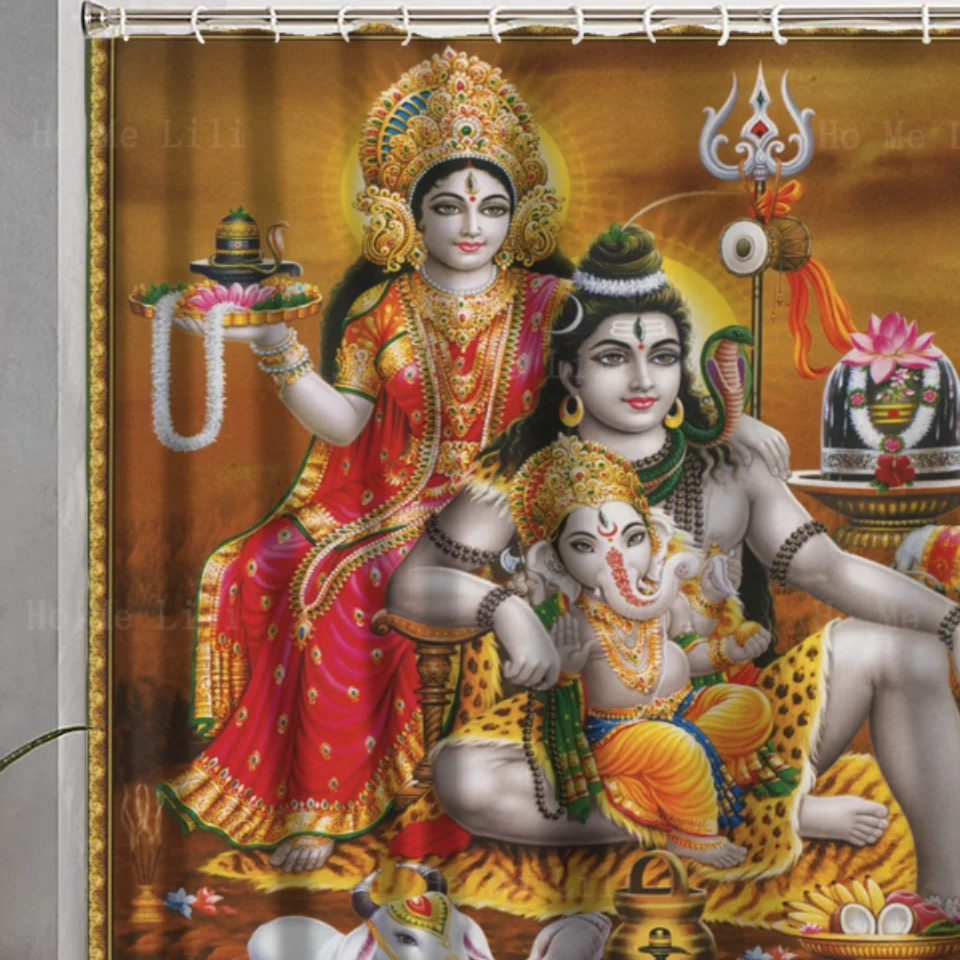 Фото Shiva Parvati Ganesh серебряный золотой глянцевый рельефный индуистский занавес для душа от Ho Me Lili для декора ванной комнаты №3