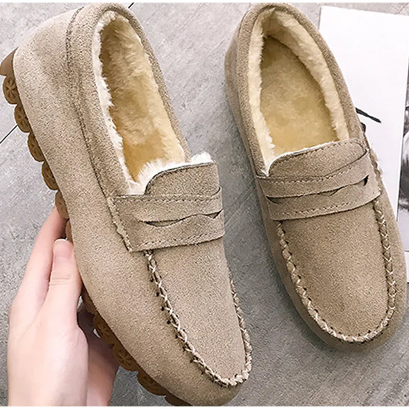 Winter Fashion Women Shoes Short Plush Flats Loafers Sewing Slip-On Casual Shoes Ladies Non-Slip Warm Comfortable Cotton Shoes