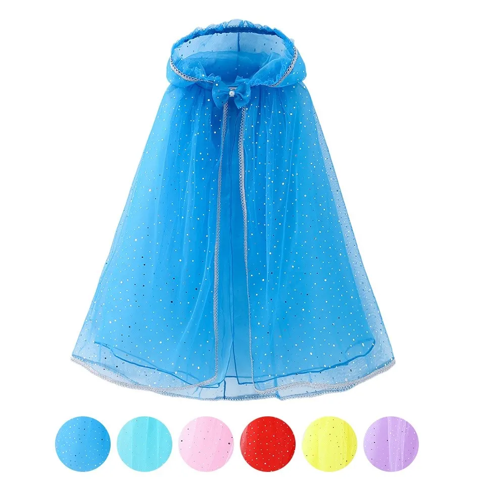 

Girls Party Dress Up Children Sequin Hooded Cloak Kids Blue Pink Red Purple Cape Princess Accessories Girl Elsa Halloween Mantle