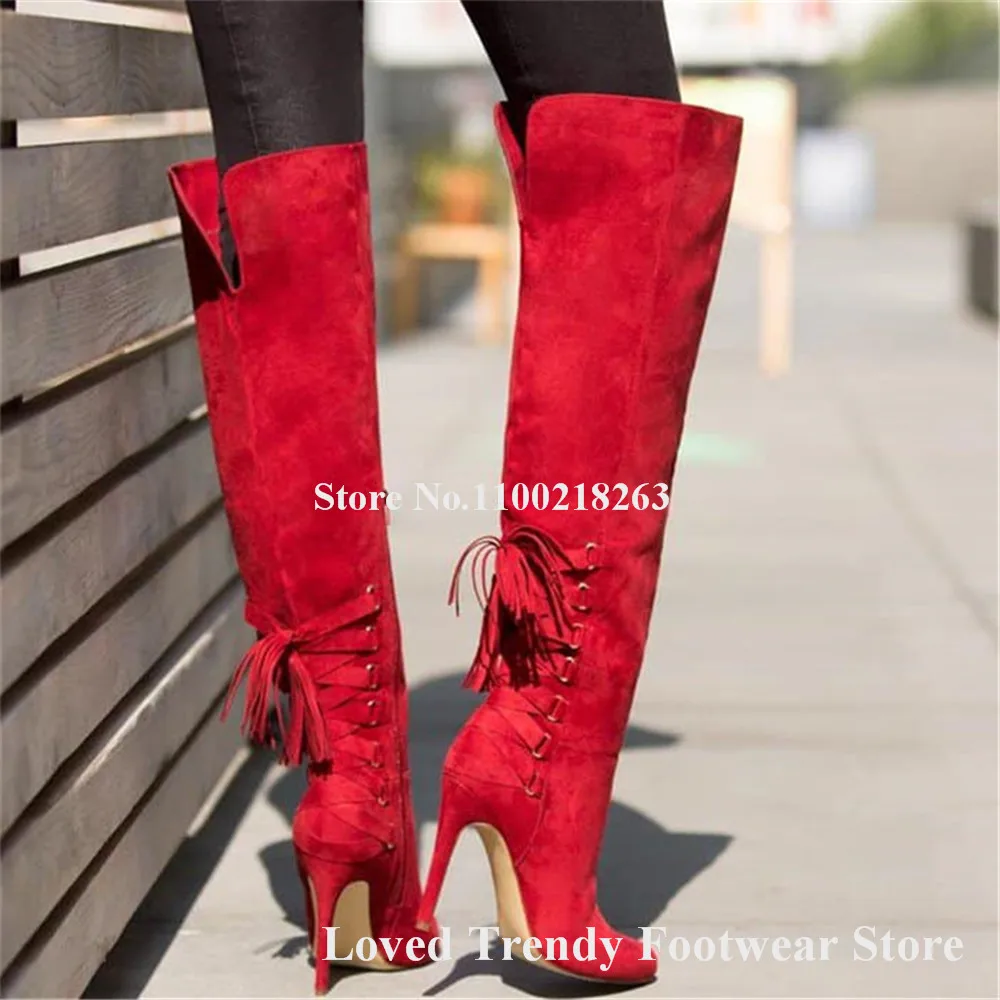 Фото Женские элегантные красные, бежевые, черные замшевые сапоги до колена на шпильке, сексуальные сапоги до колена с круглым носком и кружевной отделкой сзади, длинные сапоги на тонком каблуке, большой размер №1
