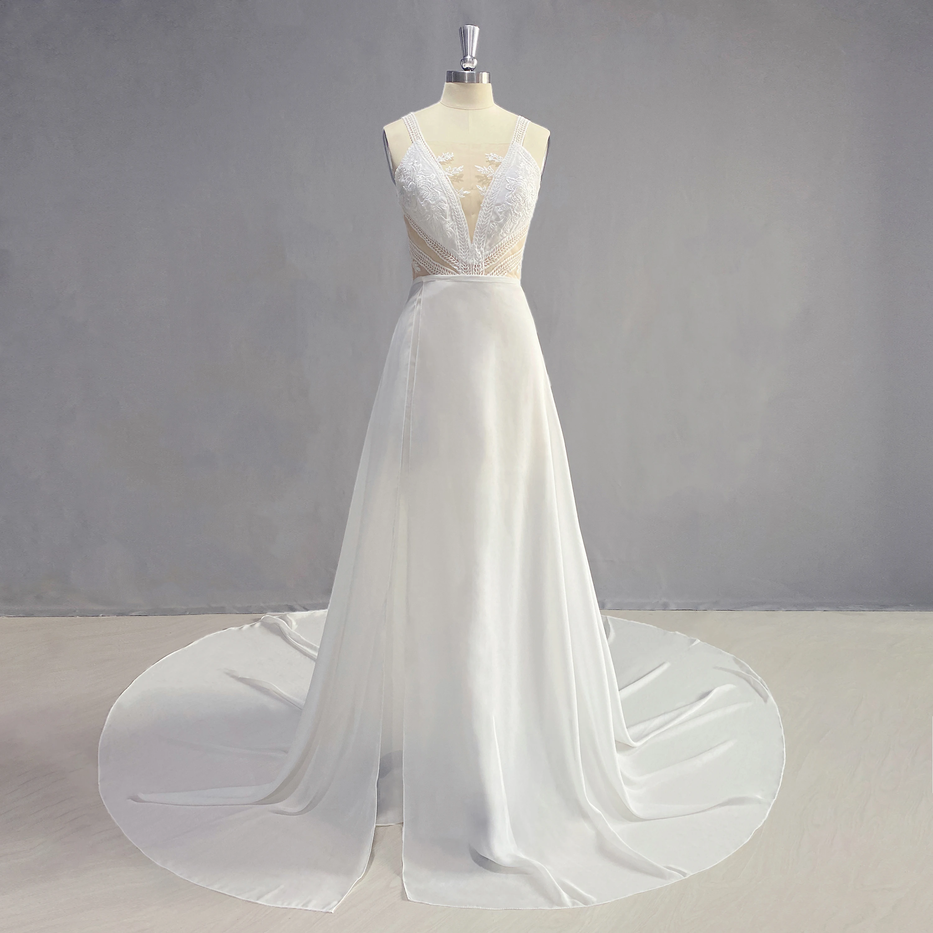DIDEYTTAWL 2023 2 in 1 Detachable Wedding Dress Real Photo V Neck Appliqued Sheer Bodice Detachable Skirt Bride Wedding Dress