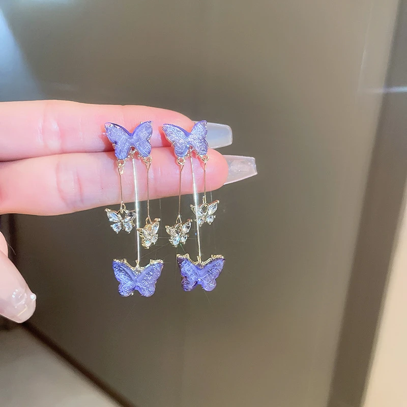 

Crystal Metal Purple White Butterfly Drop Tassel Earrings For Women 2023 New Korean Fashion Earrings Birthday Party Jewelry Gift