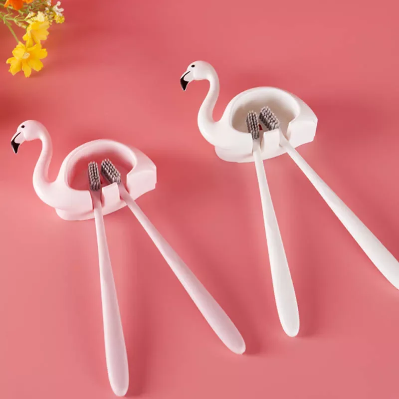 

Holder Sucker Flamingo Shaped Bathroom Accessories 2 Position 1Pcs Cute Wall Mount Toothbrush Rack Organizer