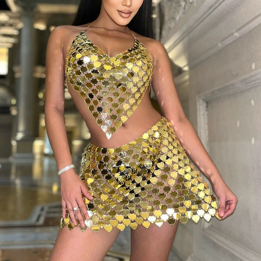 

IngeSight.Z Sexy Shiny Heart-shape Sequins Mini Jupe Top and Skirt Women Gold Color Bikini Wasit Body Chain Festival Rave set