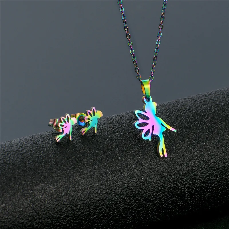 

Stainless Steel Colorful Fairy Pendant Chain Necklace Stud Earring for Women Party Birthday Fashion Jewelry Set Gift