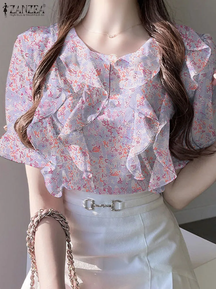 

Блузка ZANZEA женская с цветочным принтом, Элегантная Модная туника с оборками и вышивкой, повседневный топ с круглым вырезом и коротким рукавом, офисная одежда