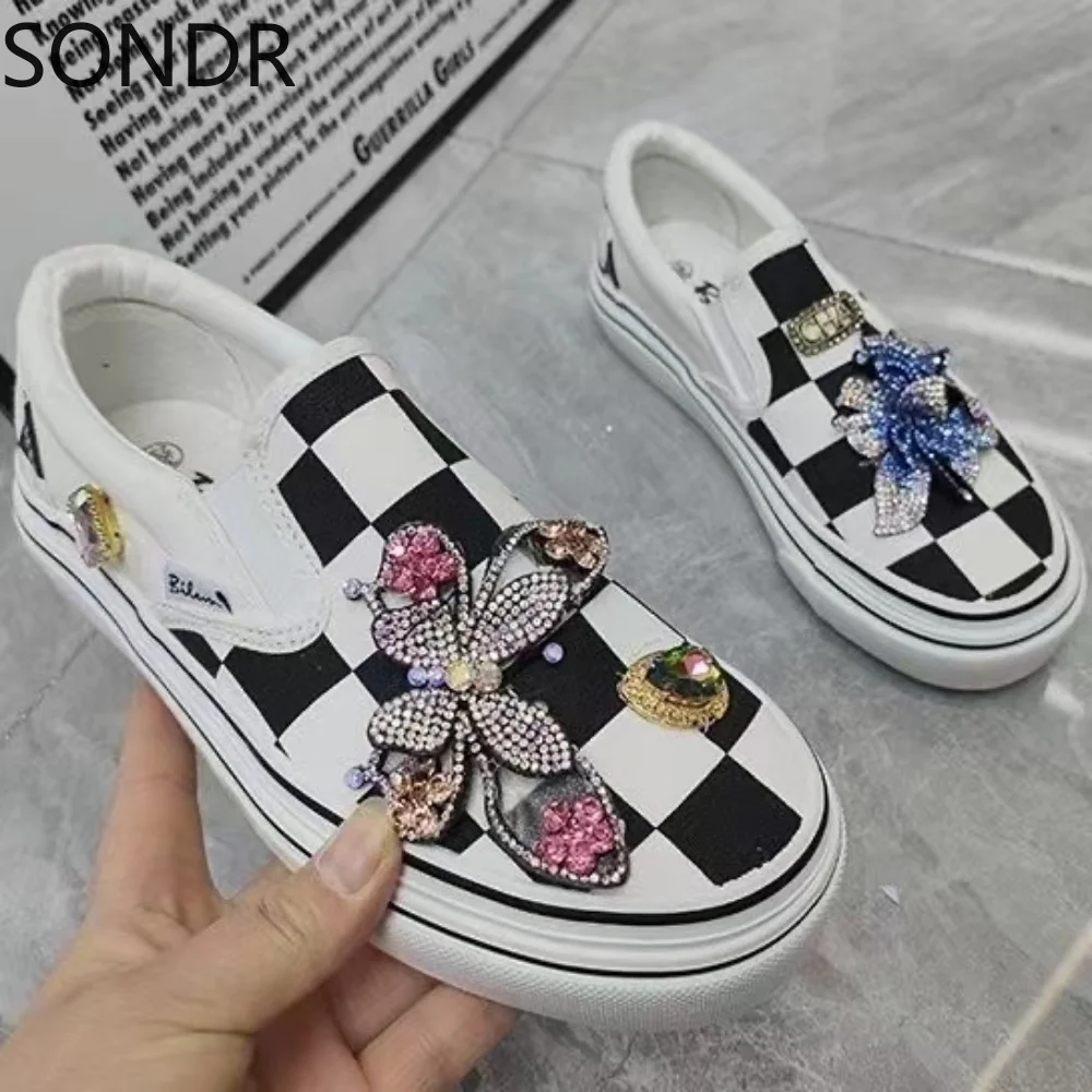 

Женские холщовые кроссовки с круглым носком и бабочкой, блестящие бриллиантовые лоферы на плоской подошве, обувь «сделай сам», оксфорды, новинка 2023