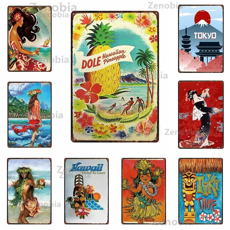 

Hawaii Tiki Time Beach Metal Tin Sign Wall Art Shabby Decorative Plaque Plates Travel Landscape Tokoyo Party Vintage Funny Decor