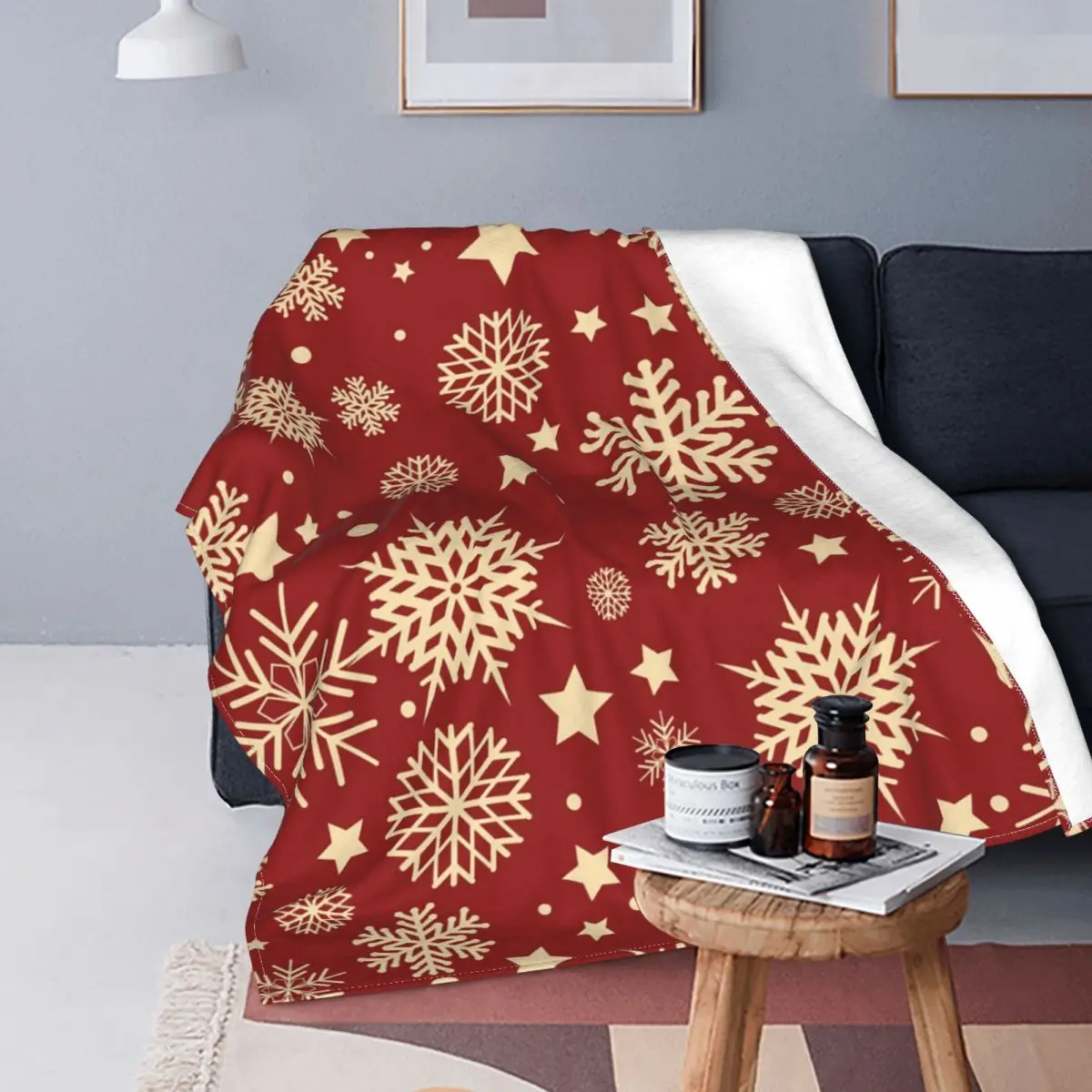 

Nordic Merry Christmas Red Snowflakes Flannel Blankets Retro New Year Funny Throw Blanket for Home Hotel Sofa 125*100cm Quilt
