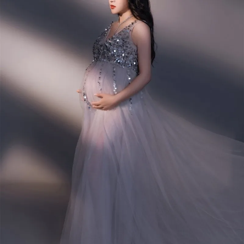 Silver Maternity Photography Dresses Sexy Sequin Beaded Dress Pregnant Women V Neck Sling Dress Baby Shower Maxi Dress