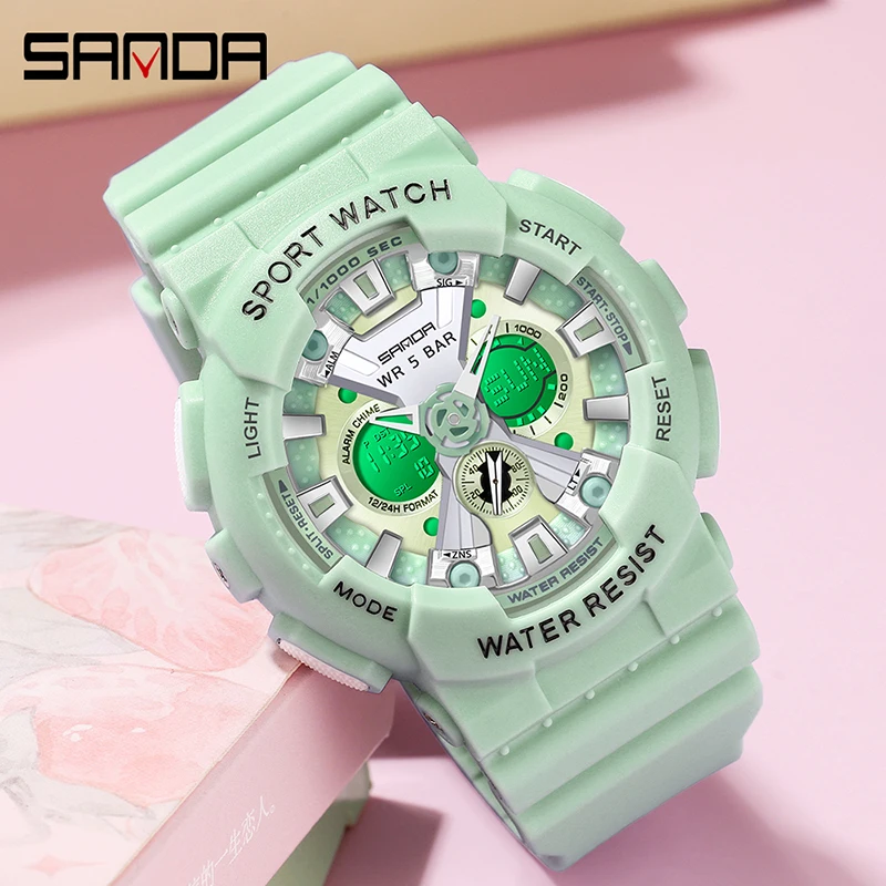 SANDA Women Watch Outdoor Sports Multifunctional Dual Display Watch 2023 New HD LED Digital Watch Timer Alarm Clock Reloj Mujer