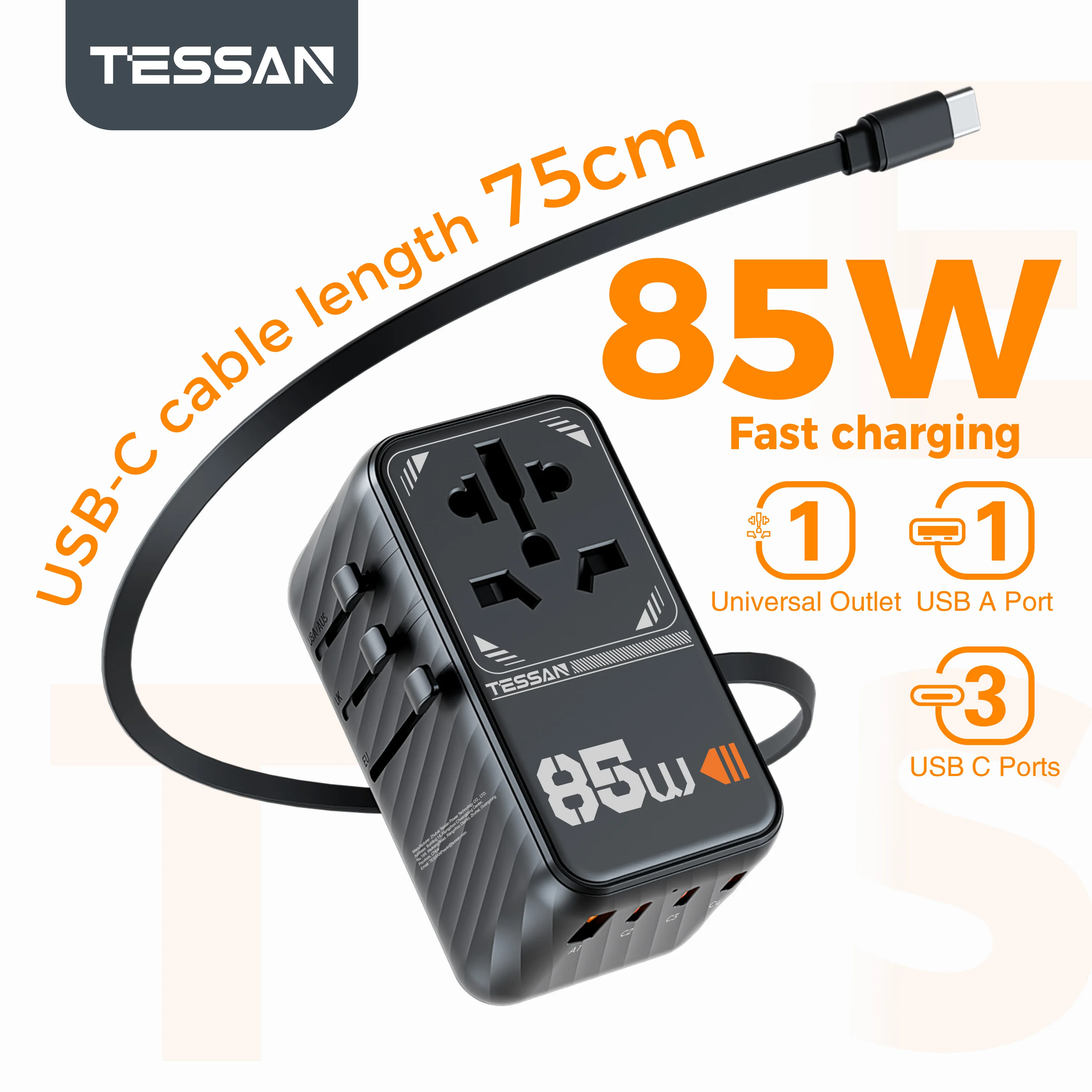 Фото Универсальный дорожный адаптер TESSAN 85W GaN с выдвижным кабелем USB C PD, быстрая зарядка, универсальное зарядное устройство для ЕС/Великобритании/США/Австралии №1