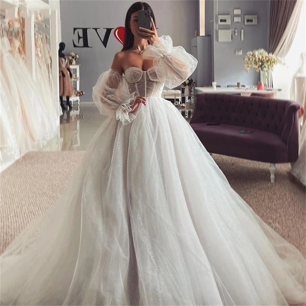

Sweetheart Illusion 3/4 Sleeve Pleats Zipper A-Line Sparkle Tulle Bridal Gown Wedding Dress Vestidos De Novia