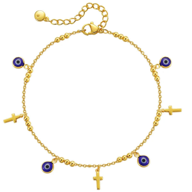 

2023 New Copper Plated 18K Gold Cross Buckle Design Middle Eastern Turkish Demon Eyes Blue Eyes Classic Ethnic Wind Anklet