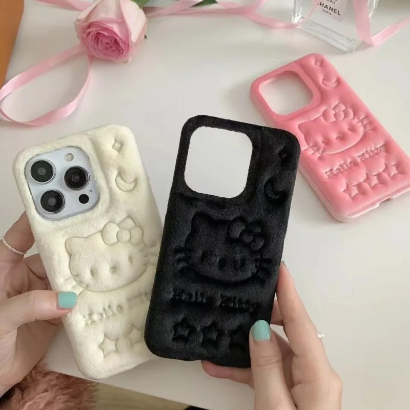 

Sanrio Cartoon Hello Kitty Embossed Plush Fabric Phone Case for Iphone 15 14 13 12 Pro Max Y2k Girly Soft Anti-fall Back Cover