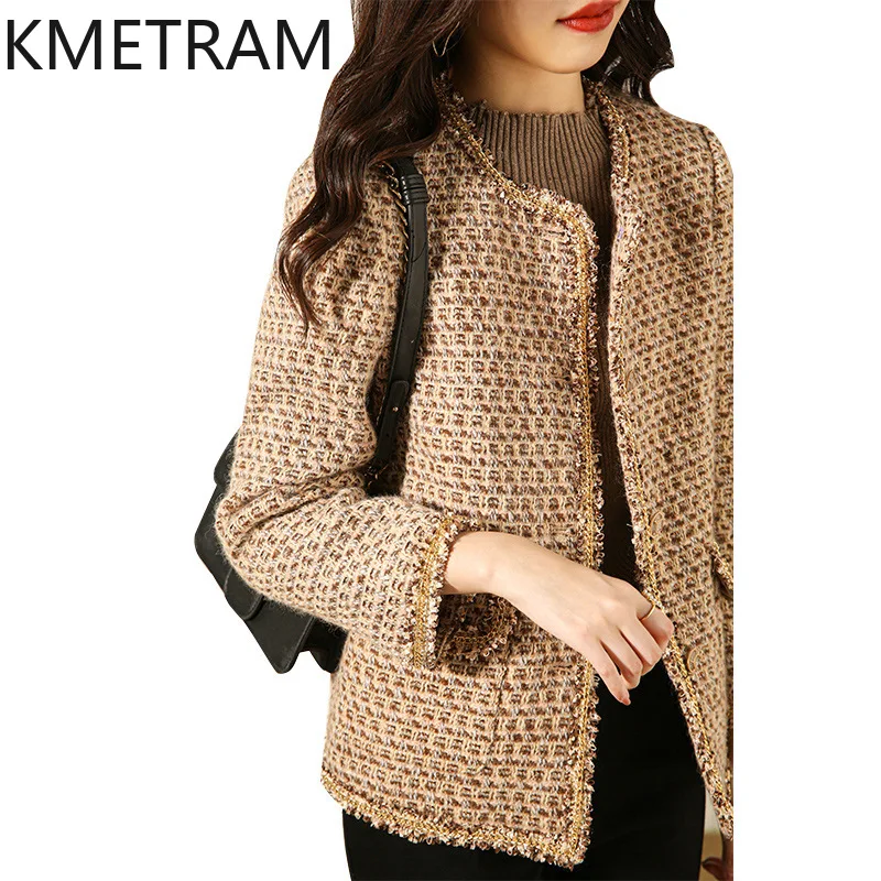 KMETRAM Твидовые куртки из натуральной шерсти короткая куртка с v-образным вырезом