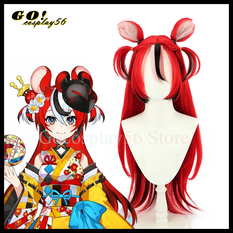 

VTuber Hakos Baelz косплей парик уши булочки 2022 Bae кимоно Hololive красные длинные прямые волосы хвост Youtuber Whatabae головной убор