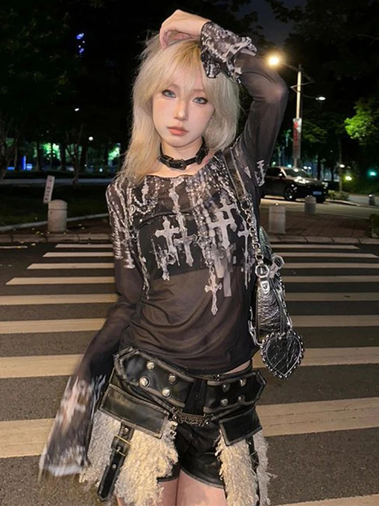 Женская футболка с длинным рукавом облегающая принтом в стиле Харадзюку Y2k