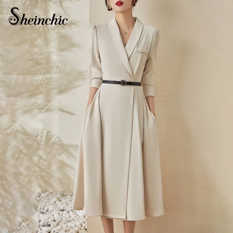 Lady Elegant Notched Blazer Office Dress 2023 Women Korean Fashion Simple Long Sleeve Pleated Mid-calf Dresses with Sahes