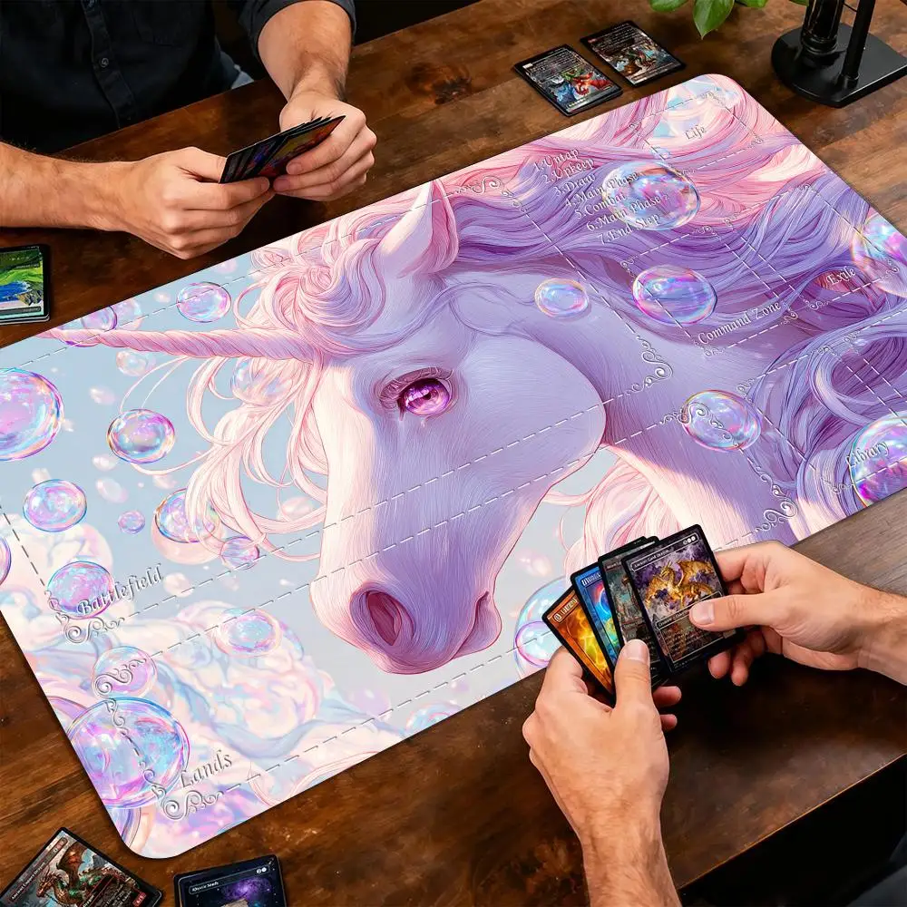 Фото Красочный игровой коврик MTG с пузырьками и единорогами, нескользящий, прочный, 35x60 см, для командных игр Magic: The Gathering, настольных игр и TCG №3