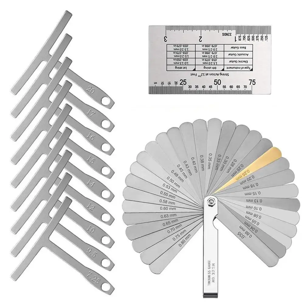 

Guitar Luthier Measuring Tools Kit Set String Action Ruler, 9 Understring Radius Gauge, 32 Blade Feeler Gauge for Guitar Repair