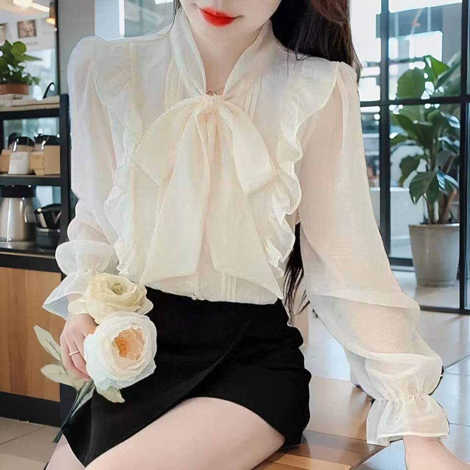Женская Свободная шифоновая рубашка с оборками весна-осень 2024