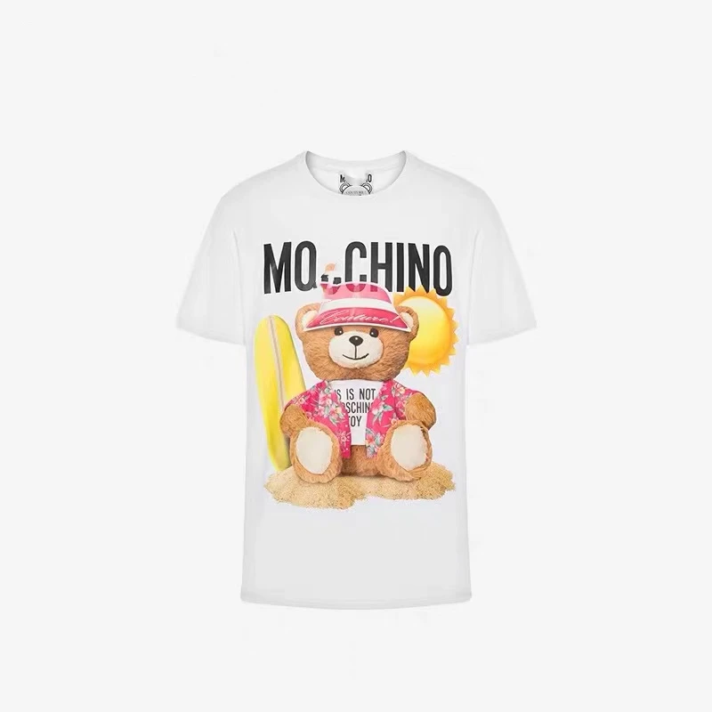 

New Summer T-Shirt Printed White Cotton Bear Printed Short Sleeved Women's O-neck Top For Daily Wear