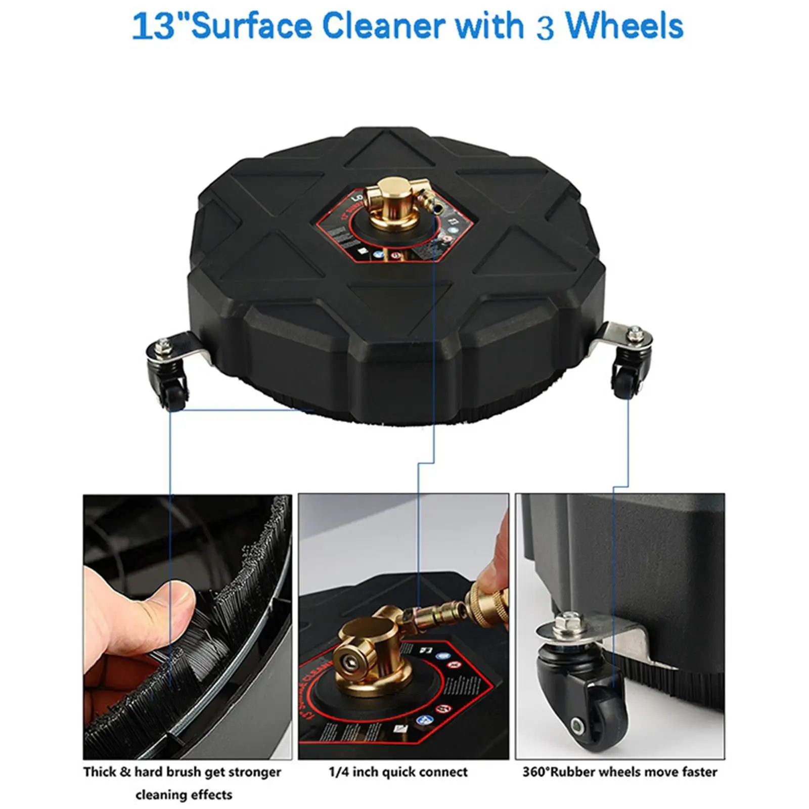 13inch Flat Surface Cleaner High Pressure Rotating 2500PSI with Wheels Sturdy Driveway Power Washer for Walkway Driveway Decks
