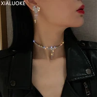 xialuoke korean style heart rhinestone necklace earrings for women geometric tassel crystal bride wedding banquet jewelry set