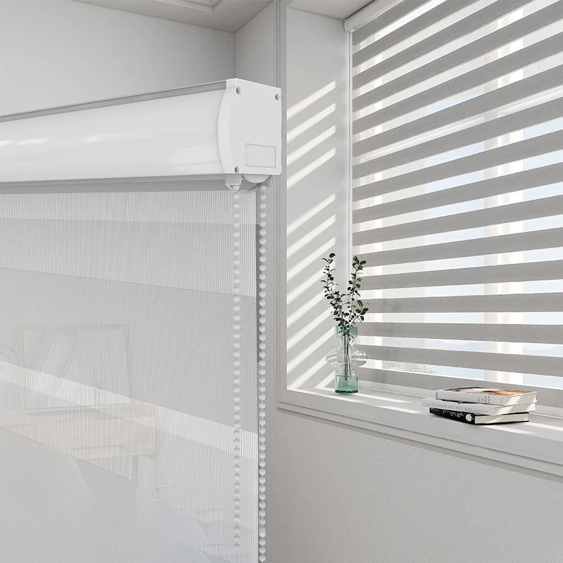 White Horizontal Window Blinds Motorized Zebra Shades