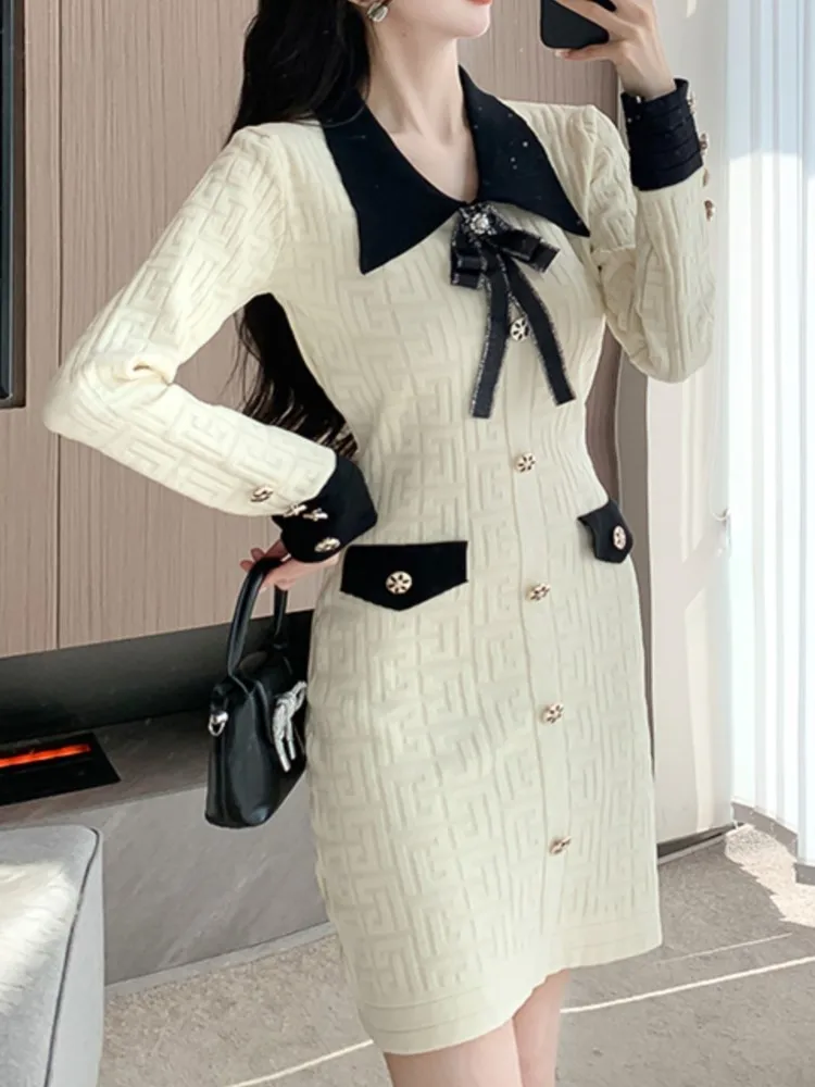 Осеннее новое модное трикотажное платье с бантом и длинными рукавами для женщин