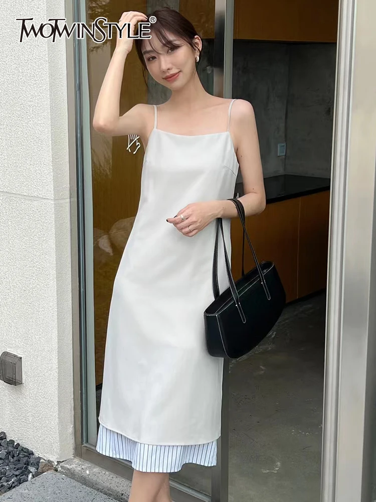 

TWOTWINSTYLE Patchwork Striped Hem Sling Dress For Women Square Collar Sleeveless High Waist Colorblock Midi Dresses Female New