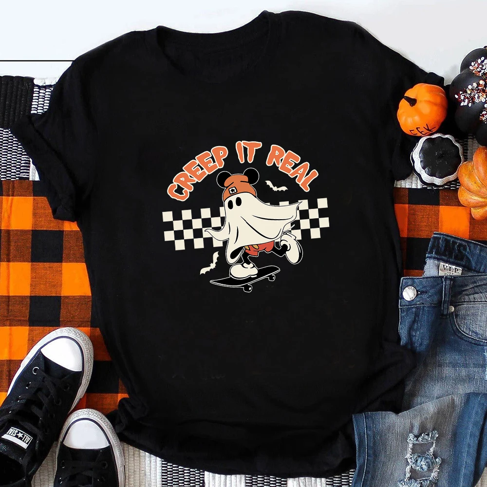 

Disney Happy Halloween Funny Specter Mickey T-shirts Women Kawaii Harajuku 2023 Festival Clothes Fashion Black Tops Blouses
