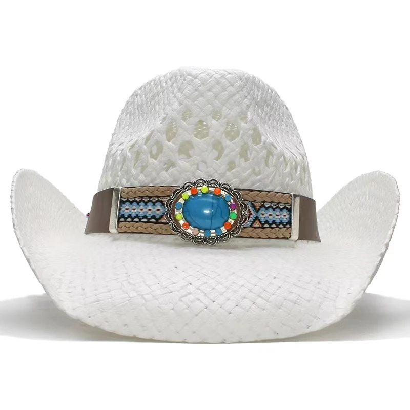 White turquoise cowboy straw hat for men and women outdoor travel beach hat Western style retro cowboy hat knight