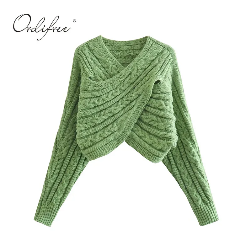 Женский укороченный свитер Ordifree зеленый вязаный пуловер джемпер с перекрестными