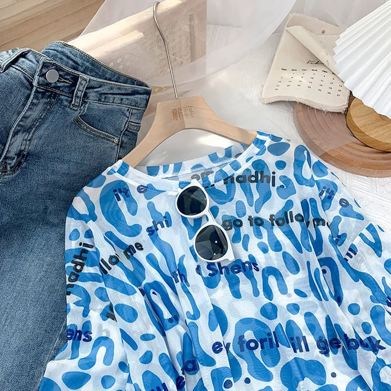 

Summer Letter Leopard Print Sunscreen Long Sleeve T Shirt Top Ladies Loose Ice Silk Thin Pullovers Fashion Casual Women Clothing