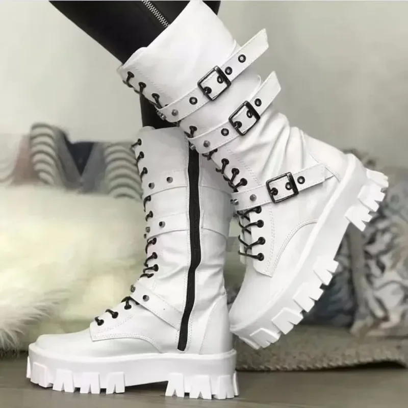 

Y2K Korean Gothic Punk White Chunky Ankle Long Martin Boots Girls Casual Loafers Thick Heel Shoe Platform Motorcycle Shoes Women