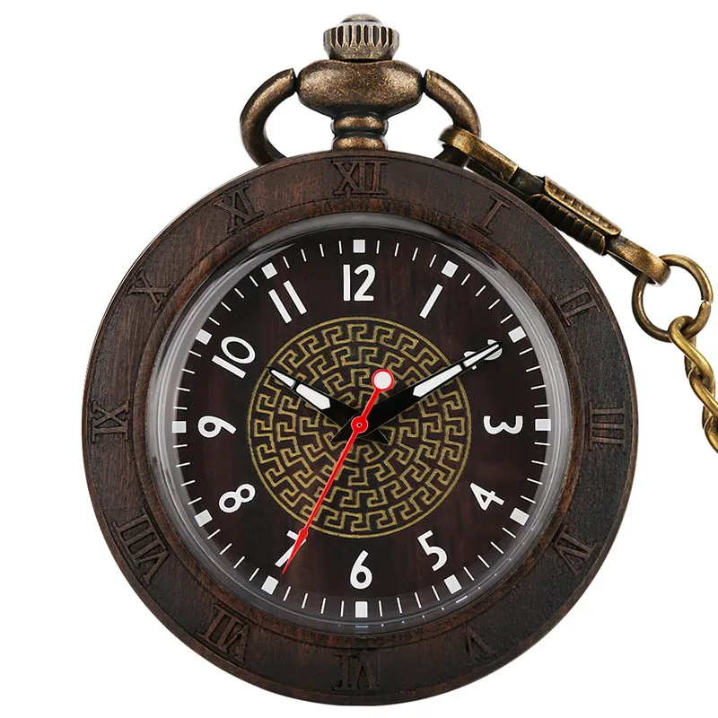Retro Pocket Watch Nature Wood Watches Unisex Arabic Number Quartz Movement Clock with Luminous Hands 30Cm Pendant Chain Gift