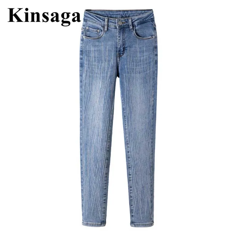 

Rhinestones Beading Stretchy Skinny Indie Jeans Mom Women 4XL Diamond Drilled Denim Pencil Capri Female Casual Ankle Length Pant