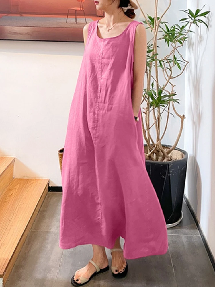 

2022 Summer New Women's Dress Sleeveless Cotton Linen Simple Women's Long Skirt Casual Round Neck Skirt White Oversized Dress