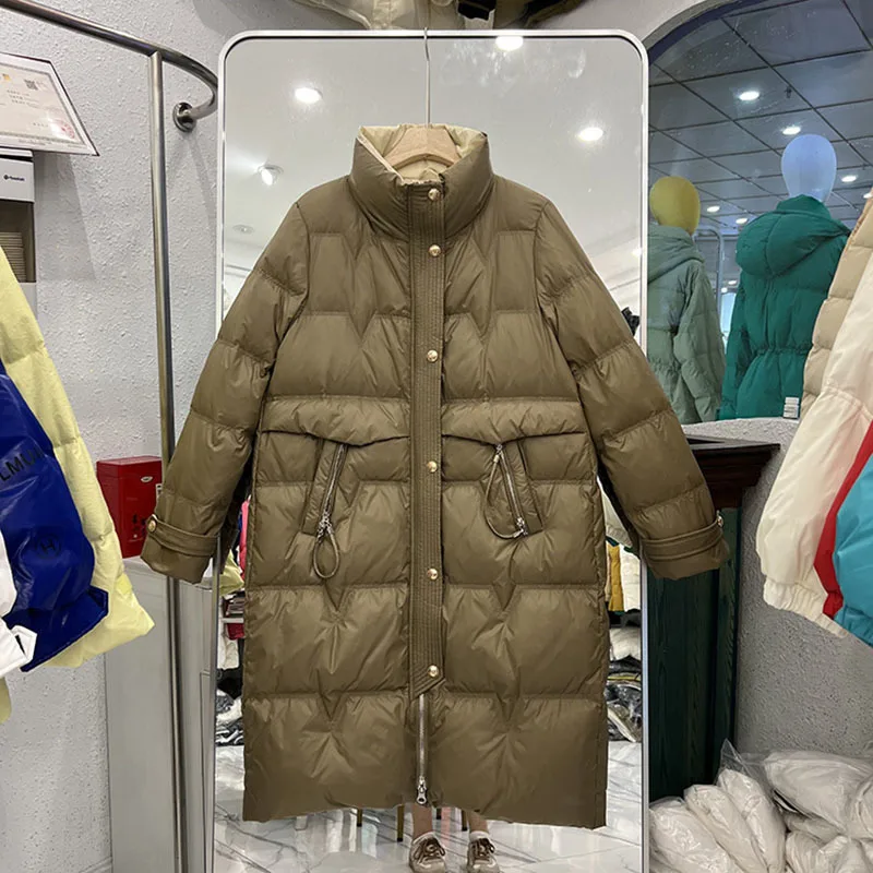2022 Winter Vintage Women Oversized White Duck Down Coat Female High Neck Pocket Long Puffer Jacket Thick Warm Overcoat