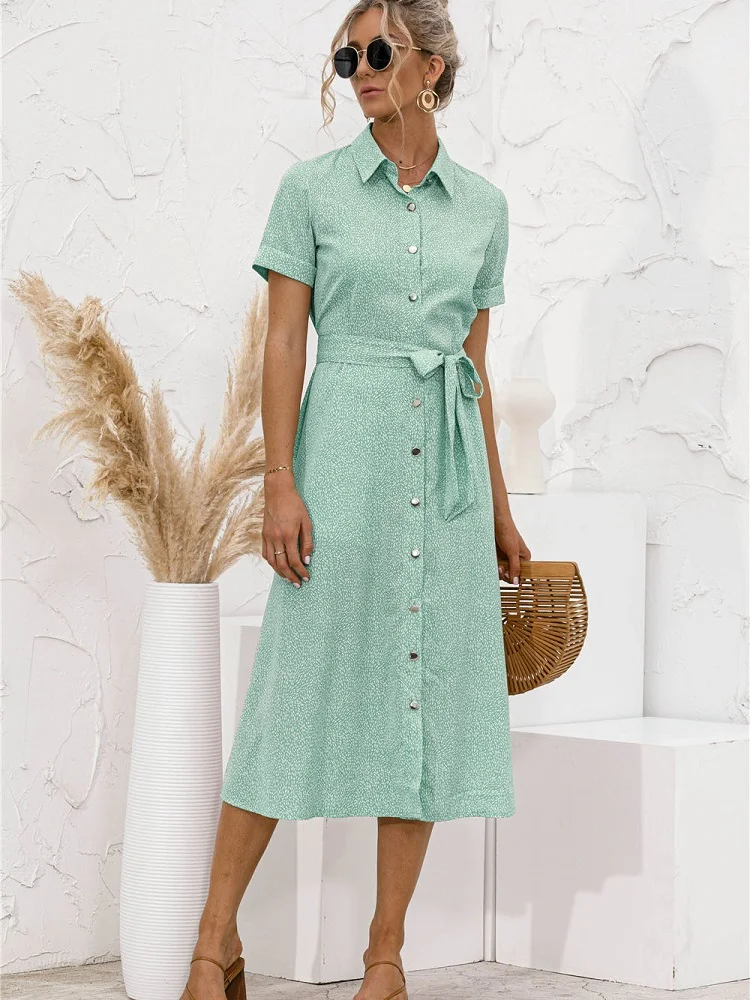 

Женское однобортное платье-рубашка с отложным воротником, модное Повседневное платье с принтом и коротким рукавом, элегантное офисное плат...