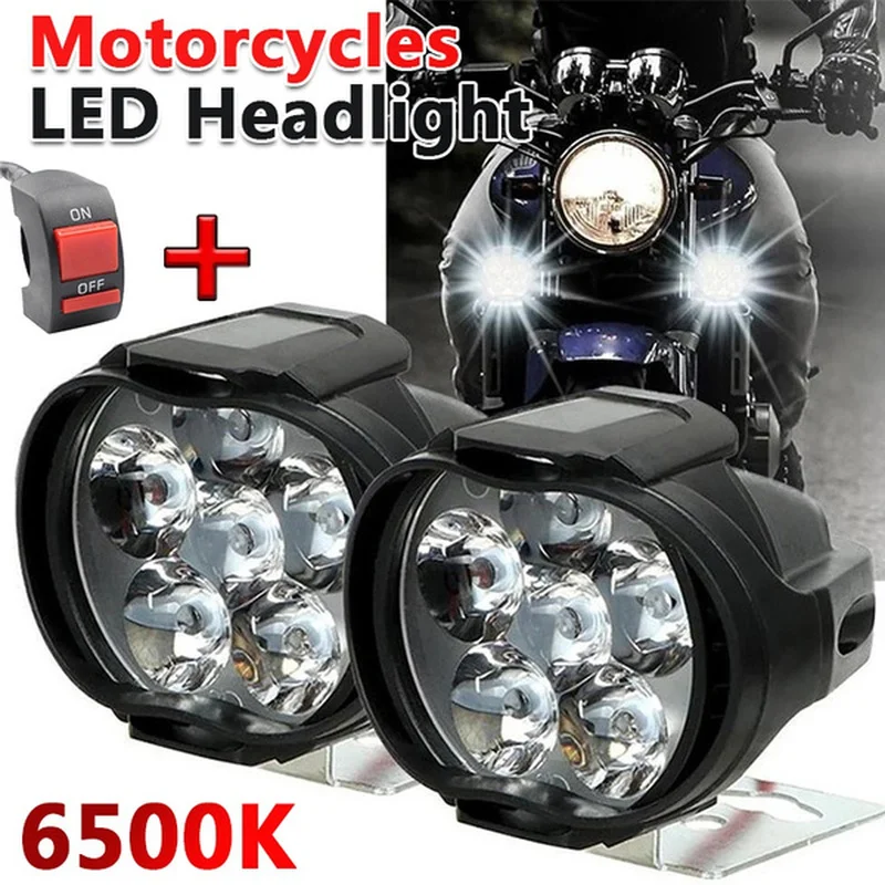 2pcs 6LED Auxiliary Headlights Spotlights Motorcycle Fog Light Electric Car Scooter White Lamps Waterproof Modified Light Bulb