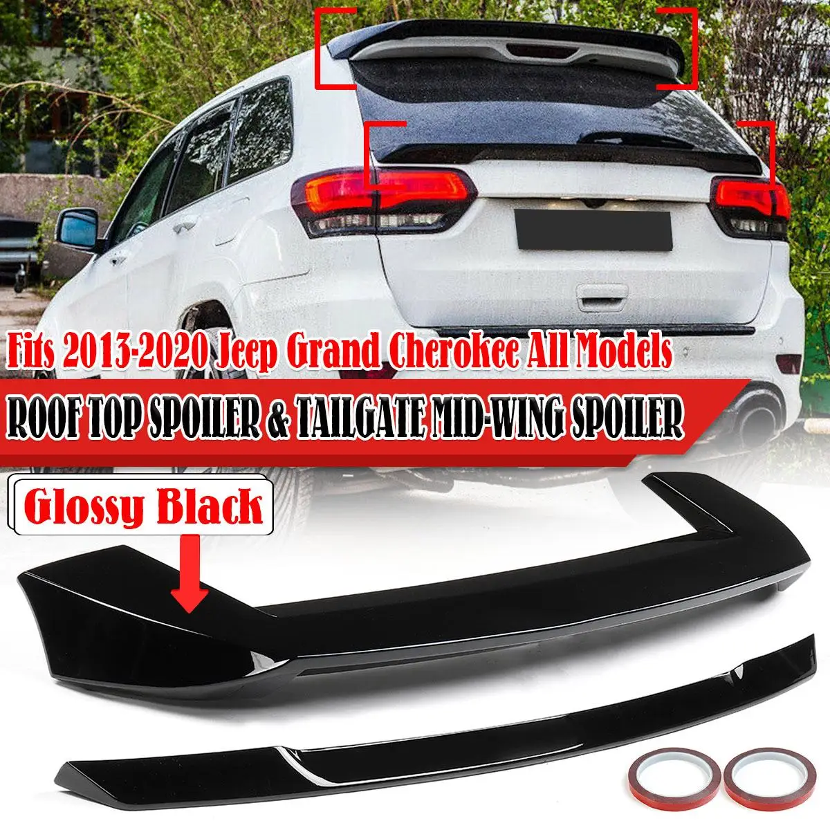 

2pcs Car Rear Trunk Spoiler Lip + Rear Roof Spoiler Lip Wing For Jeep For Grand Cherokee 2013-2020 R Style Tail Gate Mid Wing