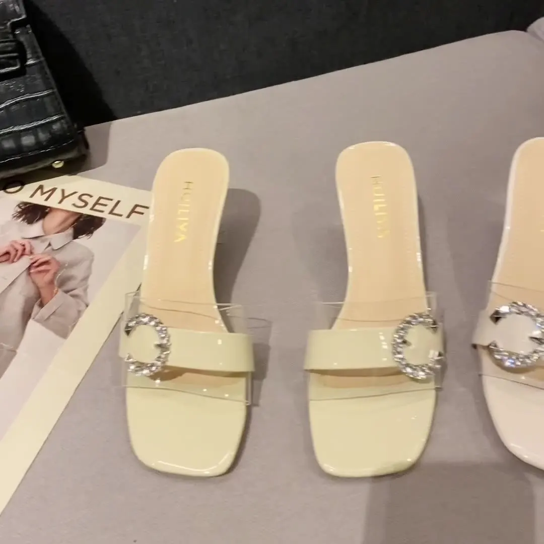 

Шлепанцы женские прозрачные на каблуке, квадратный носок, блестящие, низкие, резиновая подошва, Роскошные туфли-Желе, лето 2023