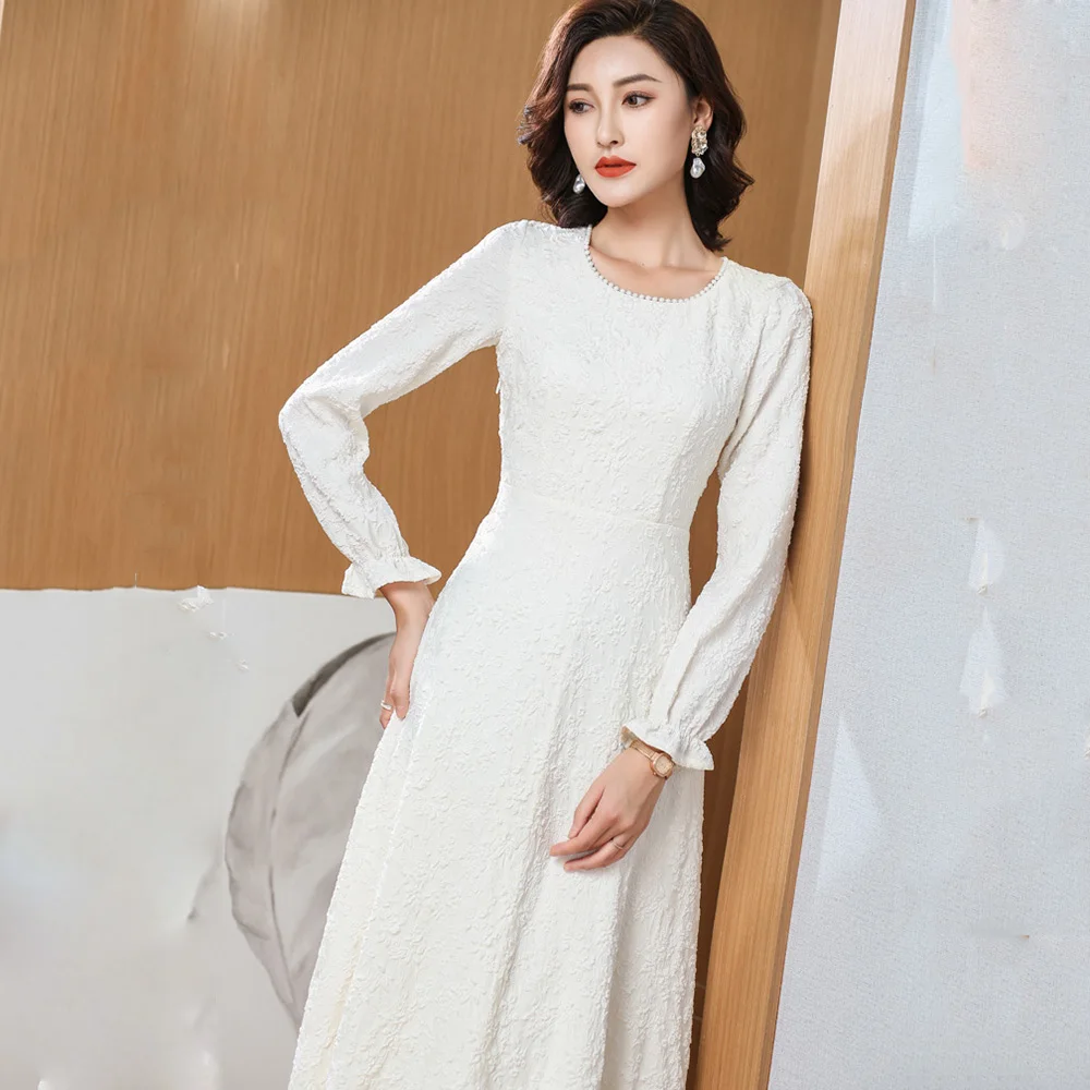 

New Women White Long Dress Spring Autumn Fashion Beading O-Neck Long Sleeve Slim Overlength Dress Elegant A-Line Pullover Dress