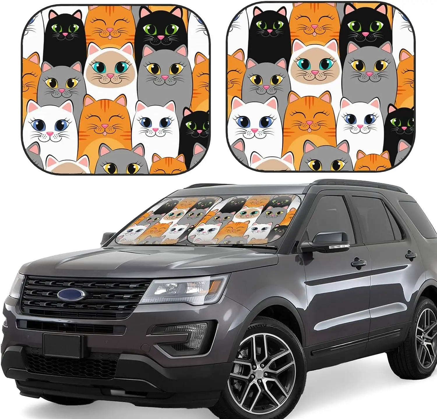 

Cartoon Cat Kitten Windshield Sun Shade,Car Sun Shade Windshield Foldable 2pcs,Cute Car Window Covers Sunshade for Car Trucks