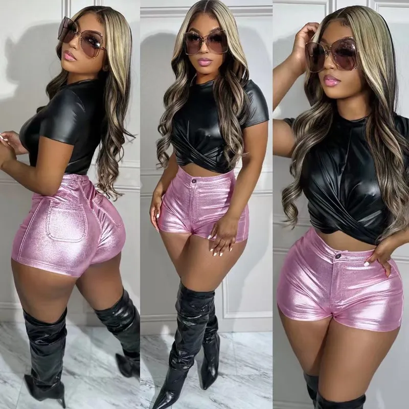 2023 Sexy Candy Color Metallic PU Leather Shorts for Women Streetwear Fashion Short Pant Rave Clothes High Waist Booty Shorts