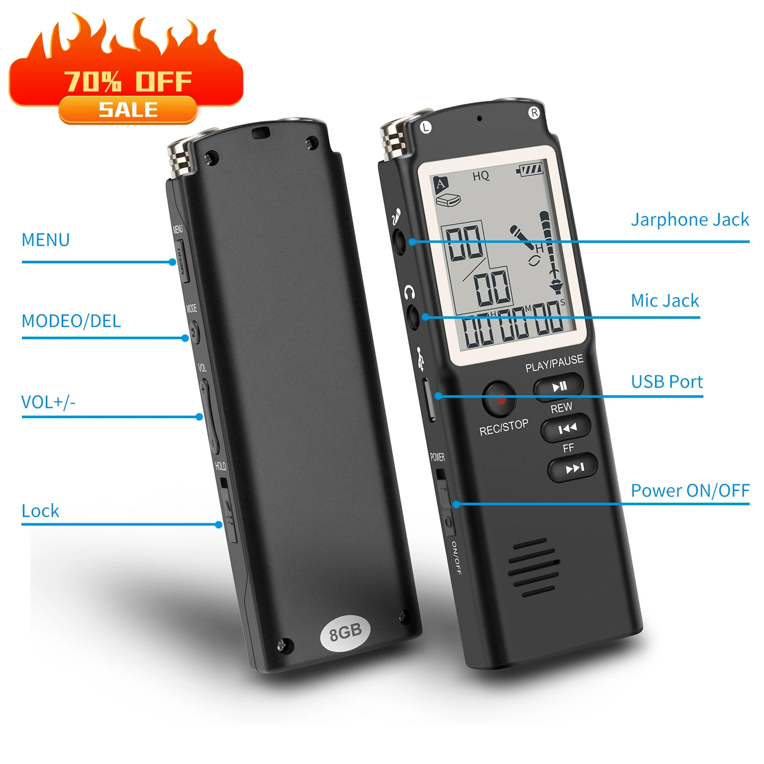 2023 Original Digital Audio Voice Recorder 8GB/16GB/32GB Rechargeable Telephone Recording Real Time Display MP3 Player Recorder