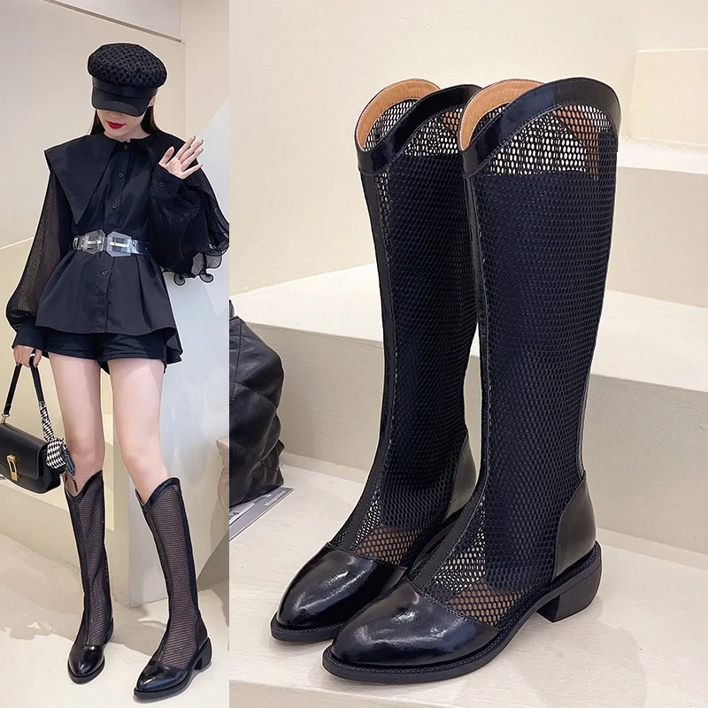 

Tall Knight Boots Women's Summer New Hollow Mesh Breathable Pointed Toe below the Knee Women's Long Boots Motorcycle Boots